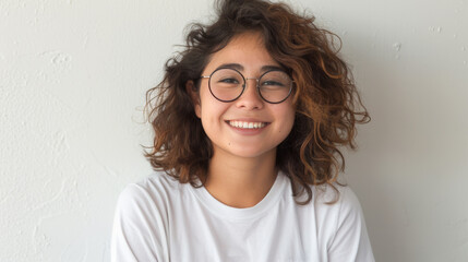 Canvas Print - young woman with curly hair and glasses is smiling directly at the camera against a plain white background.