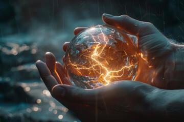 Poster - A pair of hands holding a glowing sphere with lightning crackling inside it
