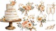 Watercolor wedding set. tiered white cream cake, rustic wood cake stand, champagne glasses, gold wedding, and flower arrangement. Isolated illustration for invitation, save the date