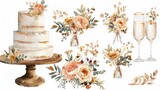 Fototapeta Uliczki - Watercolor wedding set. tiered white cream cake, rustic wood cake stand, champagne glasses, gold wedding, and flower arrangement. Isolated illustration for invitation, save the date