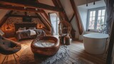 Fototapeta Uliczki - Wide angle shot of a modern Attic , cozy luxury airbnb