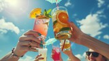 Fototapeta Uliczki - young friends toasting with refreshing drinks under blue sky on summer day