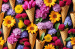 bright pattern of spring fowers in a waffle ice cream cone, over light blue background spring blossom idea, decorative festive trend