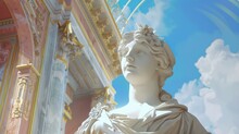 Classical statue against a sky background - A classical-style statue with a serene expression is set against a surreal, digitally-enhanced sky
