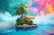 Summer cannabis creative island, concept of relaxation and stress relief. Tropical island in turquoise ocean water with giant cannabis palm, lounge with straw umbrella, colorful smoke cloud, miniature