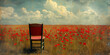 Vintage painting of the chair standing in the poppy field. Surreal atmosphere.