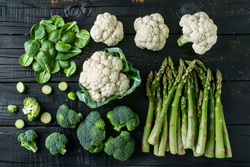 broccoli, cauliflower , Brussels sprouts, asparagus on a black wooden table, flat lay