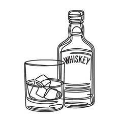 Wall Mural - Continuous one line drawing. Bottle and glass of whiskey with ice. Vector illustration