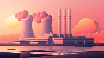 illustration concept radioactive nuclear energy, atomic power plant, smoke, environment