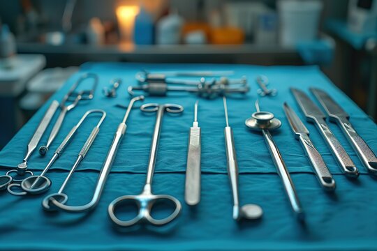 Produce an image of a surgeon's operating table with surgical instruments
