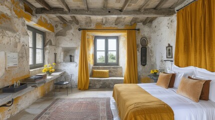 Poster - a bed room with a neatly made bed and a window with a yellow drapes on one side and a rug on the other side.