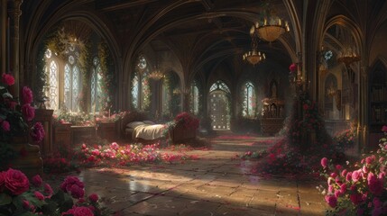 Wall Mural - a room filled with lots of flowers and a bed in the middle of a room filled with lots of windows.