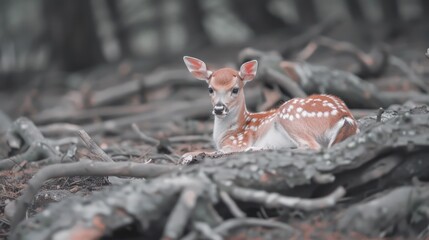 Wall Mural - a small deer laying on top of a forest floor next to a pile of tree branches and a fallen down tree.