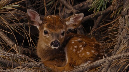Wall Mural - a close up of a baby deer laying in a pile of pine needles with a blurry background of pine needles.