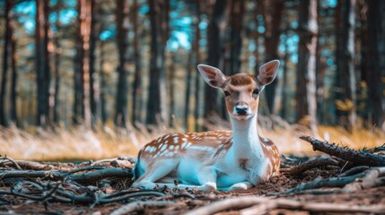 Wall Mural - a deer sitting in the middle of a forest next to a pile of branches and a pile of chains on the grou