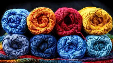 Sticker - several skeins of yarn sitting on top of each other on top of a colorful blanket on a black background.