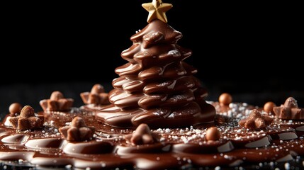 Poster - a close up of a chocolate christmas tree with a star on top, surrounded by other chocolate candies and sprinkles.