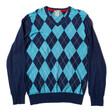 Vintage blue wool sweater with argyle pattern on a white background