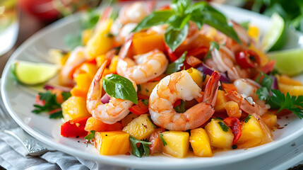 Wall Mural - Tropical shrimp salad with fresh mango and herbs