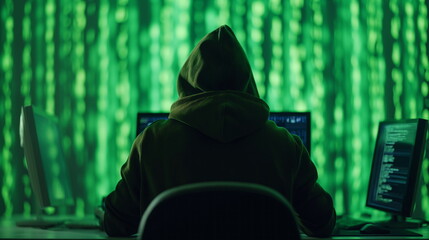 Poster - Hooded figure hacker typing on a laptop with code on the screen, hacker activity in a dark room, matrix