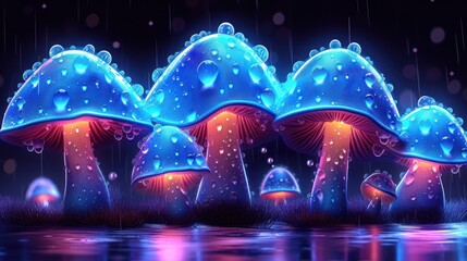 Poster - a group of blue mushrooms sitting on top of a lush green field next to a lake under a rain covered sky.