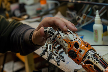 Poster - A robot is being operated by a person wearing gloves. The robot has a human-like hand and is being used to perform a task. The scene is set in a laboratory or workshop