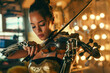 A woman playing a violin with a robotic arm. Concept of futuristic technology and the fusion of human and machine. The woman's robotic arm adds an element of innovation and creativity to the scene