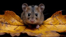 A Small Mouse Sitting On Top Of A Yellow Leaf Covered Ground With It's Front Paws On The Edge Of The Leaf.