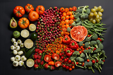 A colorful array of fruits and vegetables, including oranges, tomatoes, and radishes, arranged in a rainbow pattern on a black background