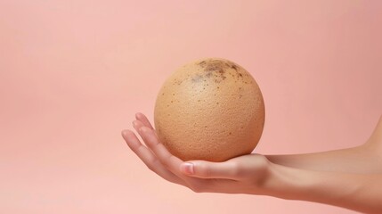 Poster - a person's hand holding an egg with a brown speckle on it, against a light pink background.