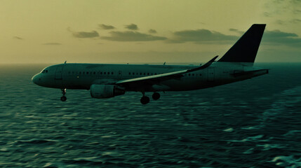 Poster - a large jetliner flying over the top of a large body of water under a cloudy sky on top of a large body of water.