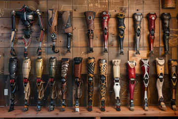 Poster - A row of robot legs with different colors and designs. The legs are all lined up next to each other