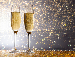 flutes with champagne or fizzy white wine on black background with blurred sparkles in the back