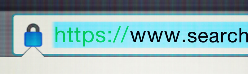 Poster - Secure, website and url of search bar on computer screen for information, worldwide surfing and server. Homepage, html or webpage address with closeup, research download and online portal on internet