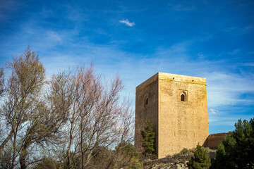 Canvas Print - View of the imposing Alfonsina tower of the medieval castle of Lorca, Region of Murcia, Eepaña, in daylight