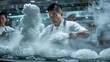  a man standing in front of a bunch of fake clouds of white stuff in a kitchen with other people in the background.