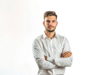 Wall Mural - A man in a white shirt is standing with his arms crossed. He has a serious expression on his face