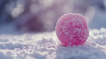 Canvas Print -  a pink ball covered in snow sitting on top of a pile of snow covered ground with trees in the background.