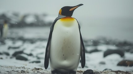 Sticker - a penguin standing on top of a pile of rocks next to a body of water with penguins in the background.