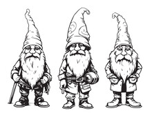 Gnome Sketch. Cute Garden Gnomes Scandinavian Wizards
