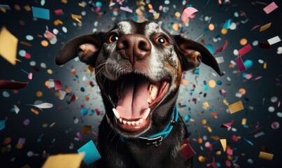 A festive happy cute dog celebrating birthday with confetti falling