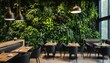 © ibreakstock - Modern cafe or restaurant featuring living green wall, biophilic design with vertical gardening, eco-friendly ambiance
