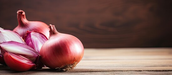 Poster - Vibrant Red Onion Resting on Rustic Wooden Table for Culinary Inspiration and Food Preparation