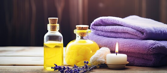 Aufkleber - Tranquil Spa Setting with Towel, Essential Oil Bottle, and Relaxing Candle for Aromatherapy