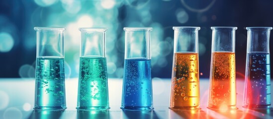 Fototapete - Vibrant Science Experiment with a Display of Colorful Liquids in Test Tubes