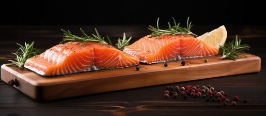 Poster - Freshly Grilled Salmon Fillet Presented on a Rustic Wooden Cutting Board