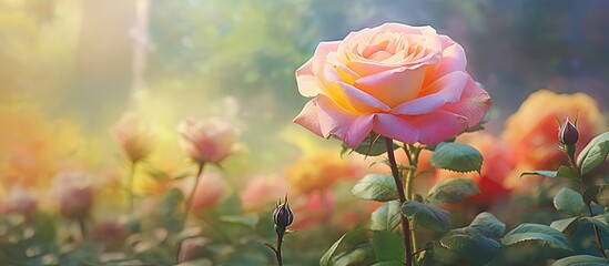 Leinwandbilder - Vivid Blooming Rose Standing Tall Amid Lush Green Field of Wildflowers at Sunrise