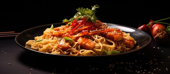Poster - Delicious Asian Cuisine: A Vibrant Plate of Noodles with Succulent Shrimp and Colorful Fresh Vegetables