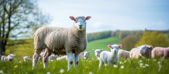 Poster - Majestic Sheep Grazing Serenely in a Lush Green Pasture Under Clear Blue Skies