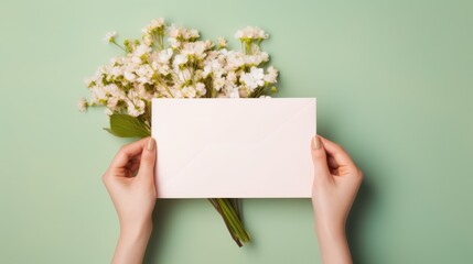 Wall Mural - An envelope with a mock-up of a note made of blank paper in the hands of a woman and flowers on the table. View from above. An invitation, a postcard and a letter.